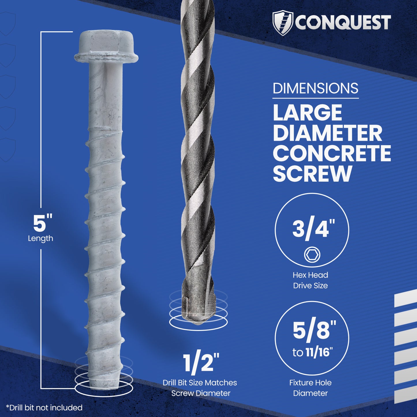 1/2" x 5" Conquest Large Diameter Concrete Screws - Galvanized, Pkg 25