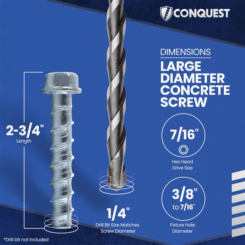 1/4" x 2-3/4" Conquest Large Diameter Concrete Screws - Zinc, Pkg 100