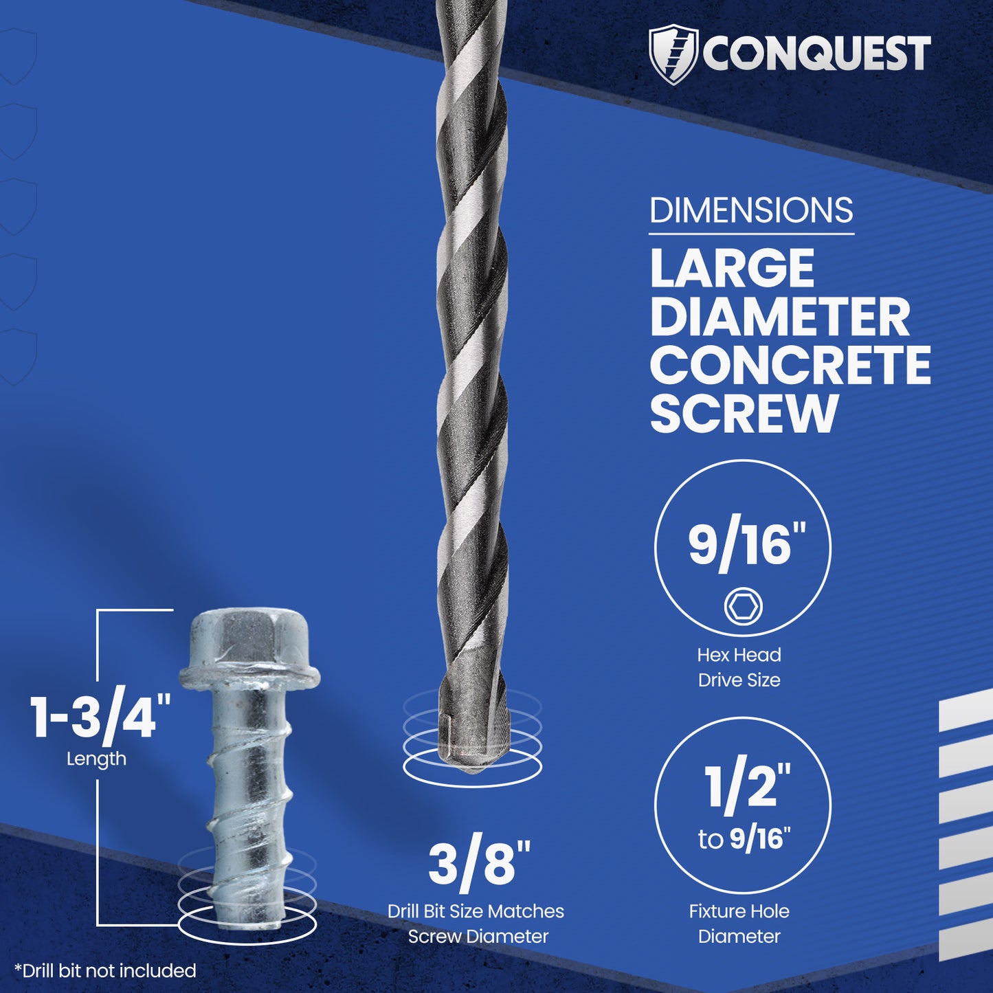 3/8" x 1-3/4" Conquest Large Diameter Concrete Screws - Zinc, Pkg 50