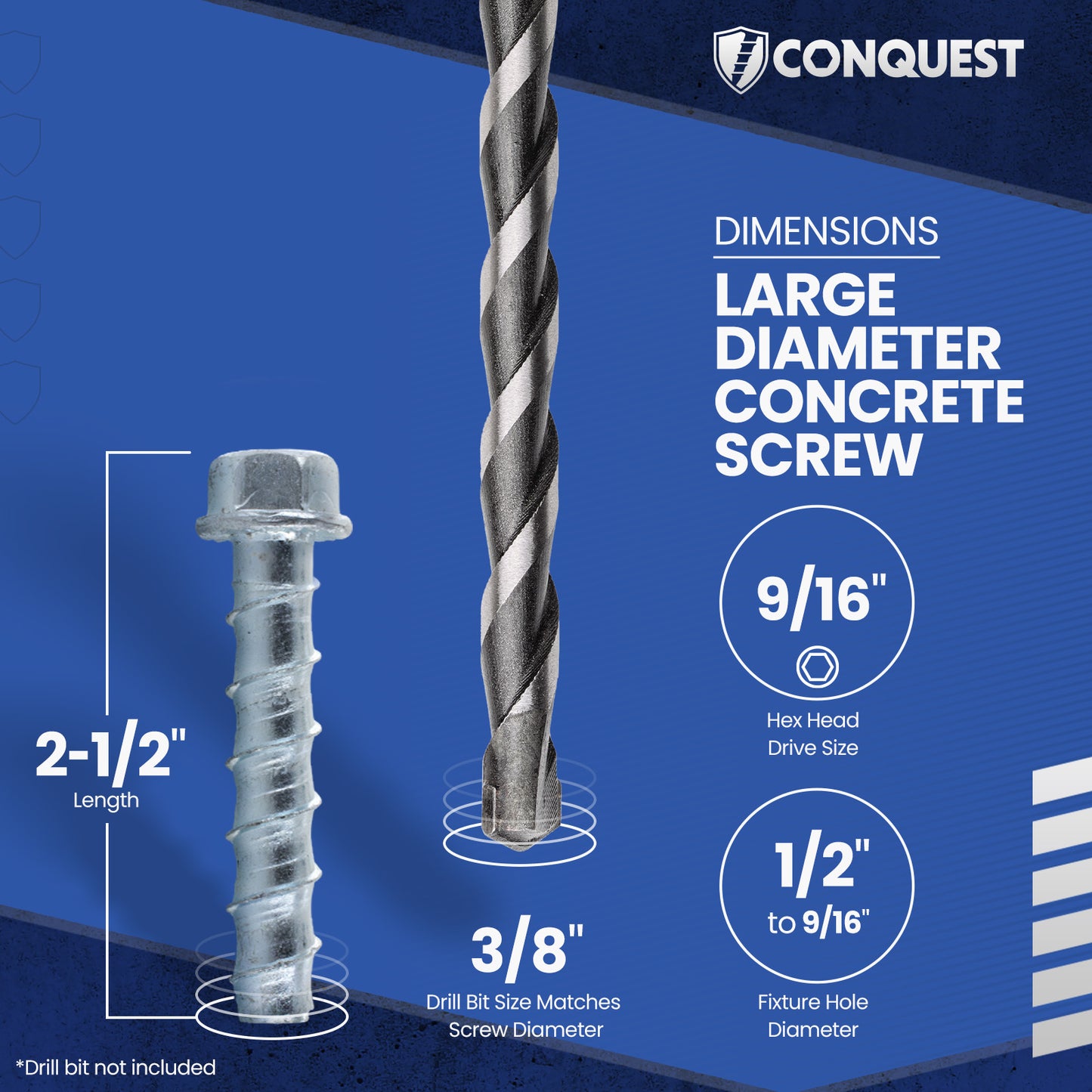 3/8" x 2-1/2" Conquest Large Diameter Concrete Screws - Zinc, Pkg 50