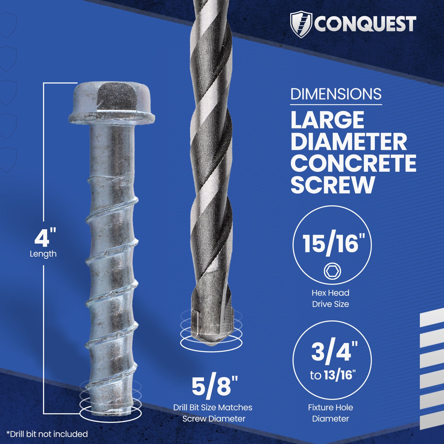 5/8" x 4" Conquest Large Diameter Concrete Screws - Zinc, Pkg 10