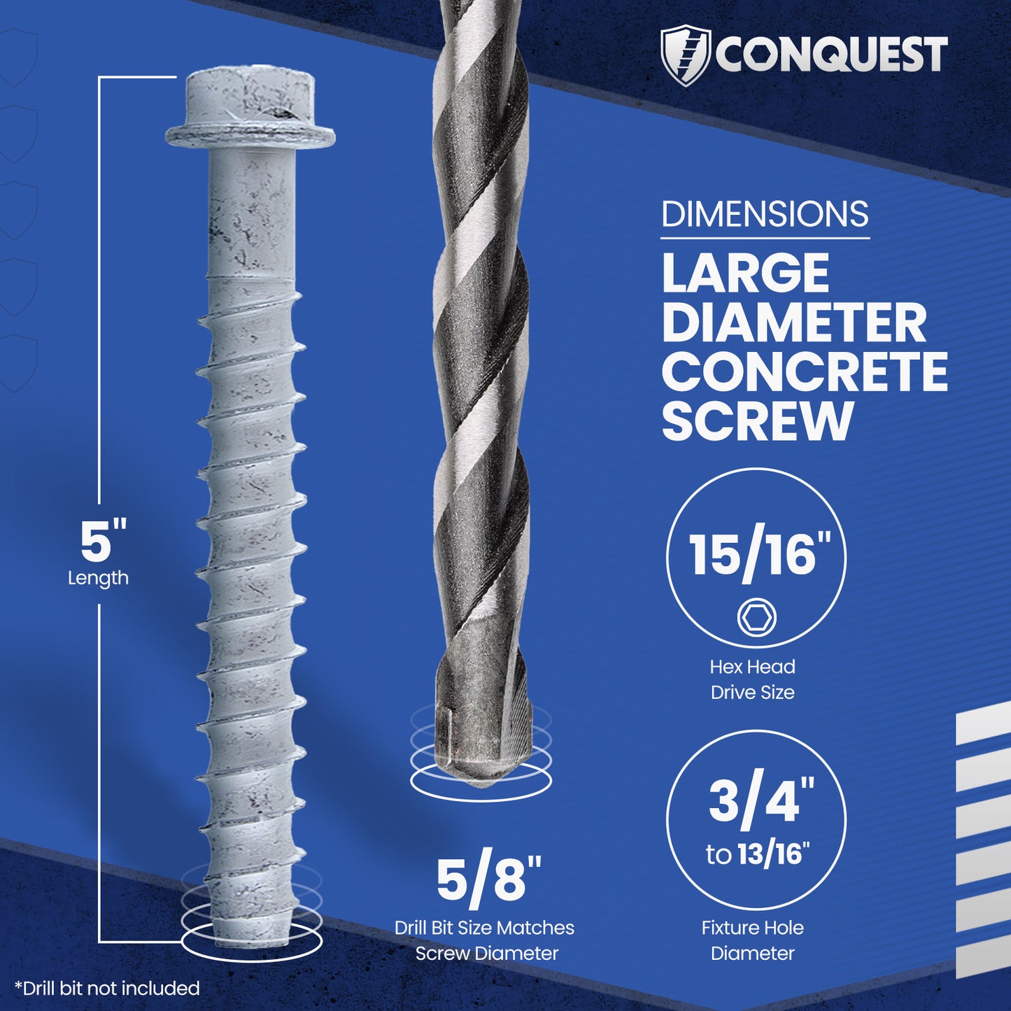 5/8" x 5" Conquest Large Diameter Concrete Screws - Galvanized, Pkg 10