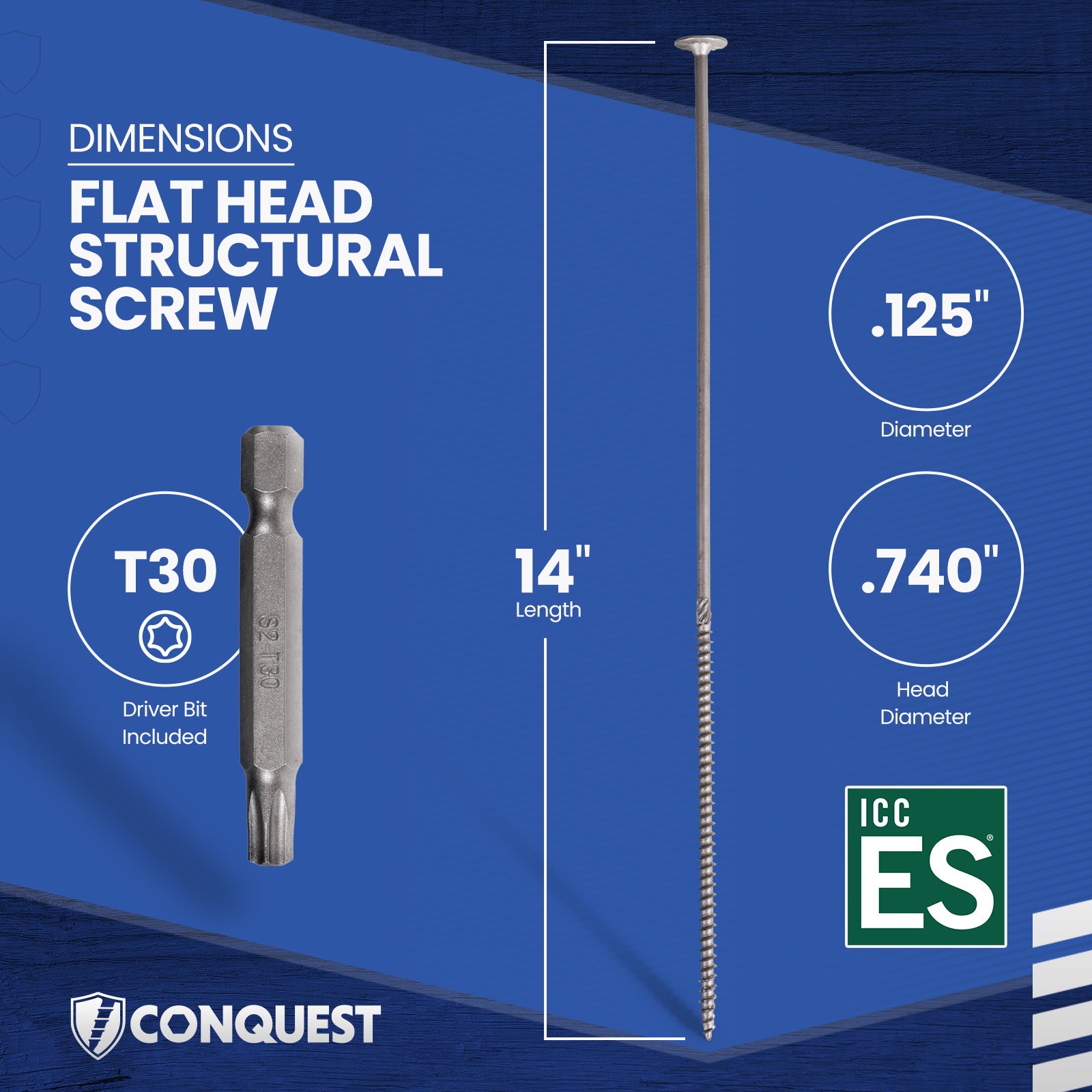 .275" x 14" Conquest Structural Screw - T-30 Star Drive - Dimensions 