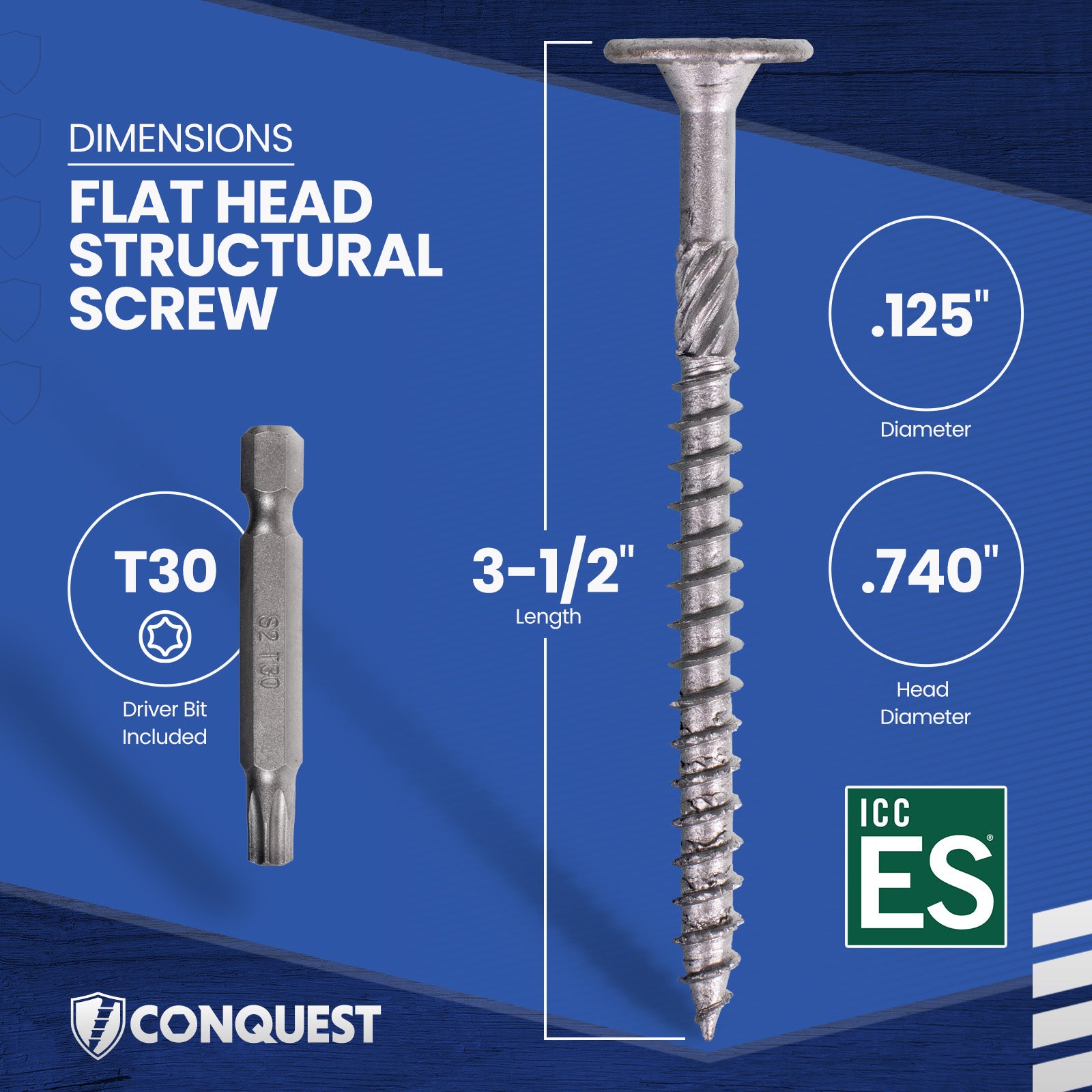 .275" x 3-1/2" Conquest Structural Screw - T-30 Star Drive - Dimensions