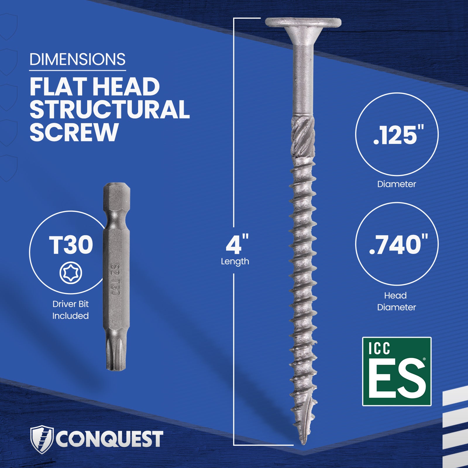 .275" x 4" Conquest Structural Screw - T-30 Star Drive - Dimensions