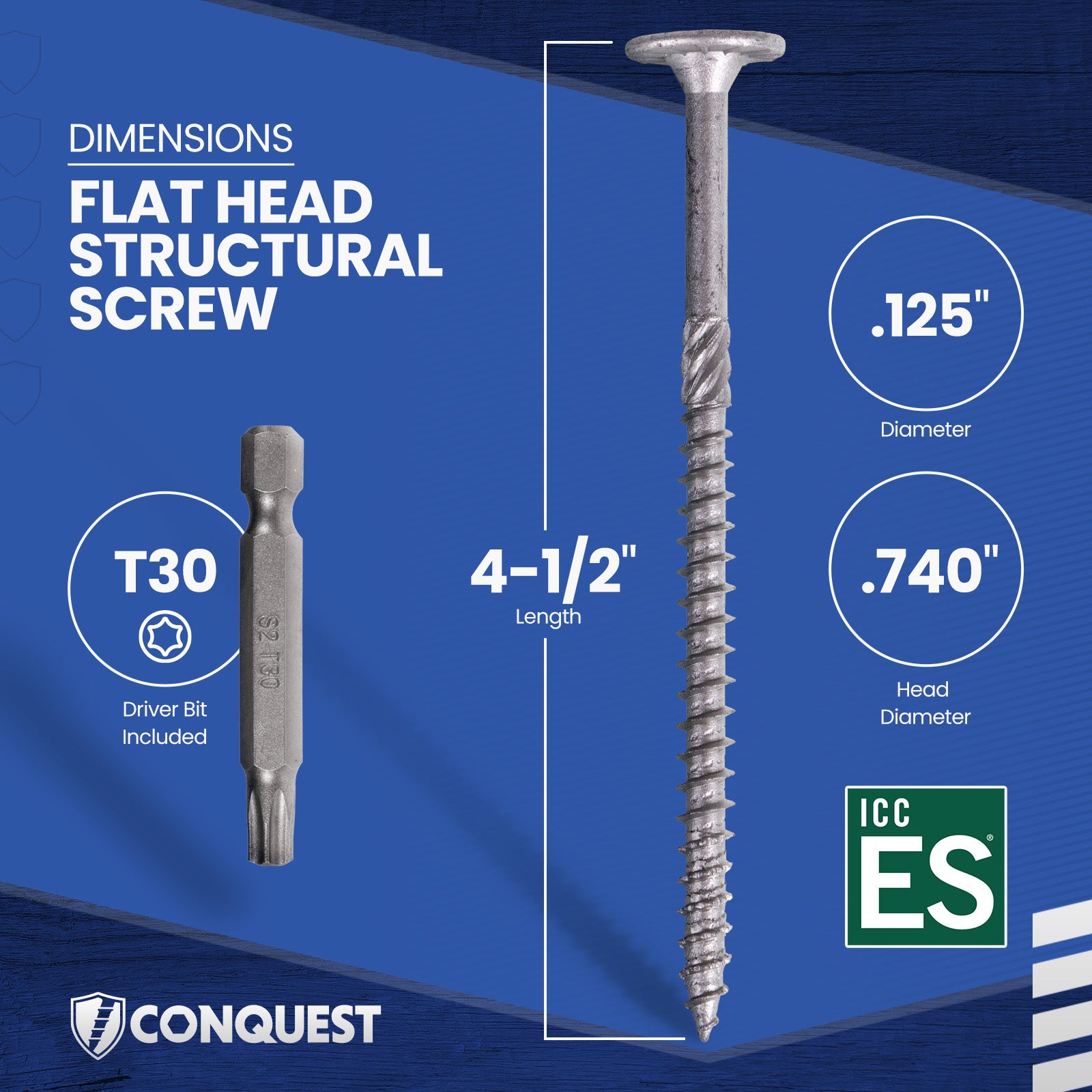 .275" x 4-1/2" Conquest Structural Screw - T-30 Star Drive - Dimensions