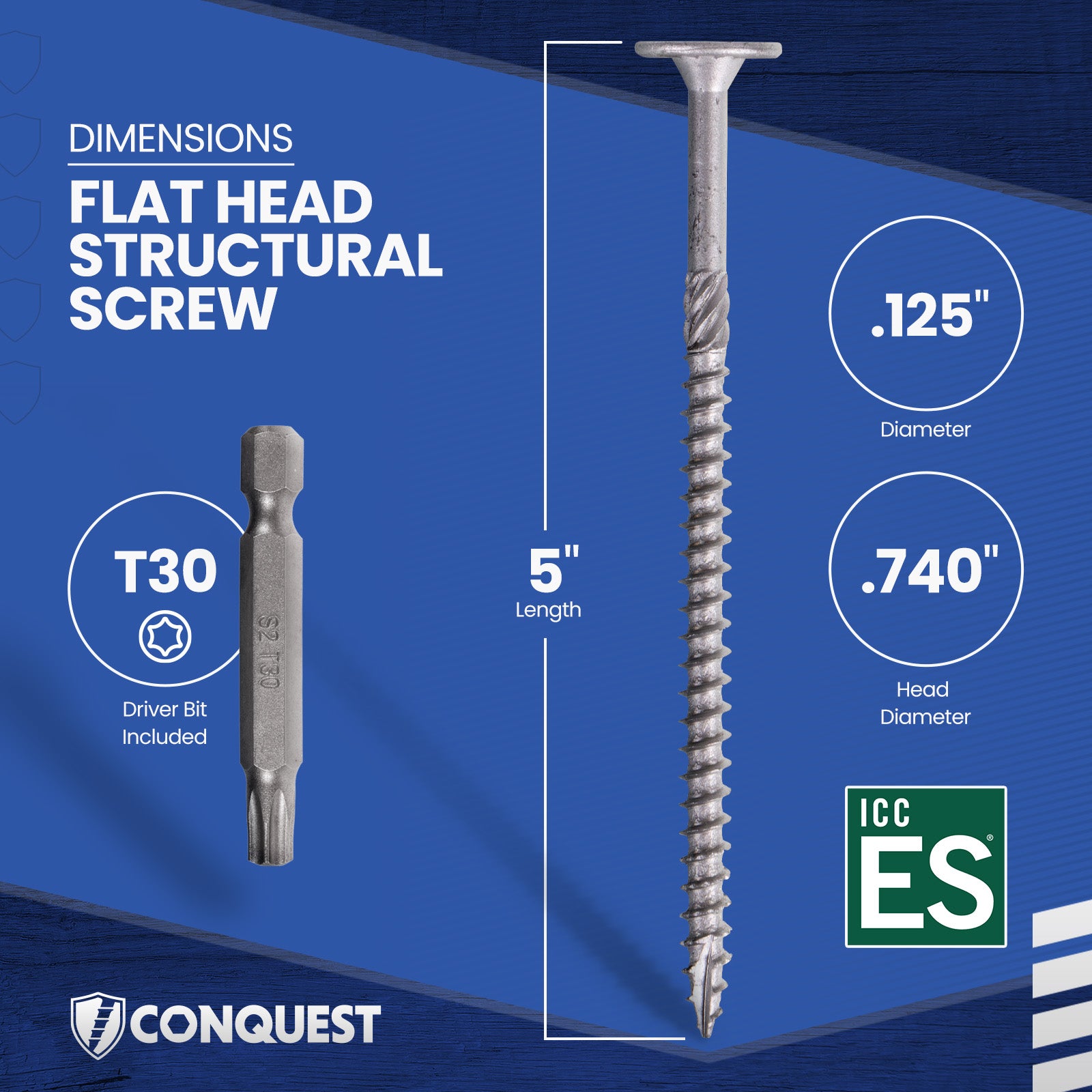 .275" x 5" Conquest Structural Screw - T-30 Star Drive Dimensions