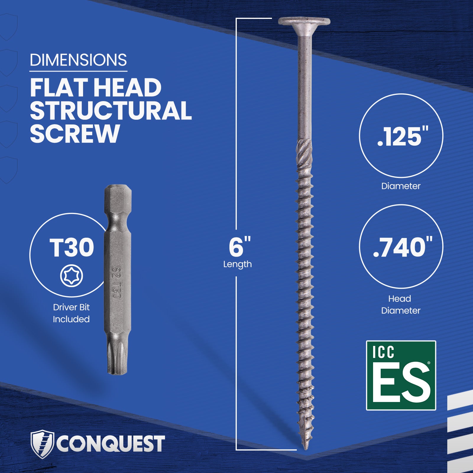 .275" x 6" Conquest Structural Screw - T-30 Star Drive Dimensions