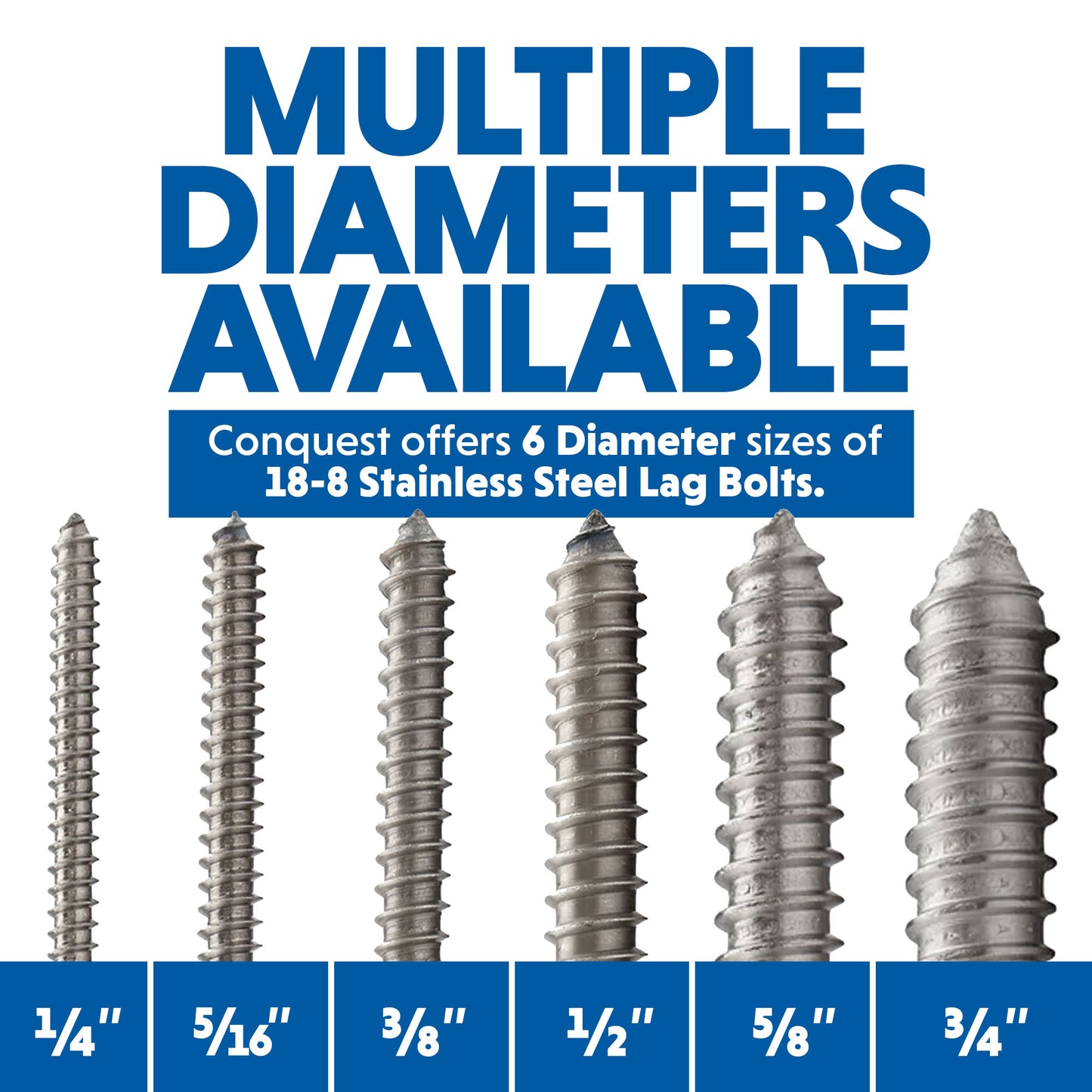 Multiple Diameters Available for 18-8 Stainless Steel Lag Bolts