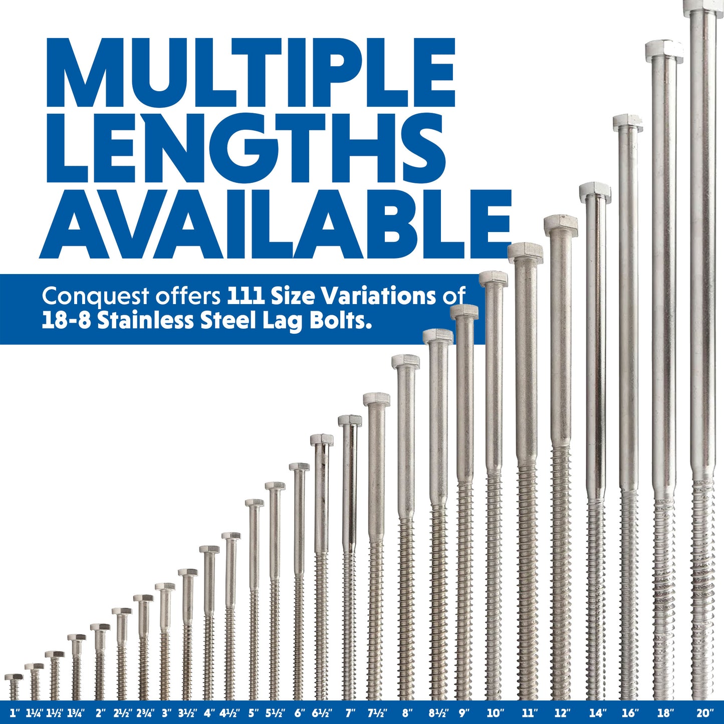 Multiple Lengths Available for 18-8 Stainless Steel Lag Bolts