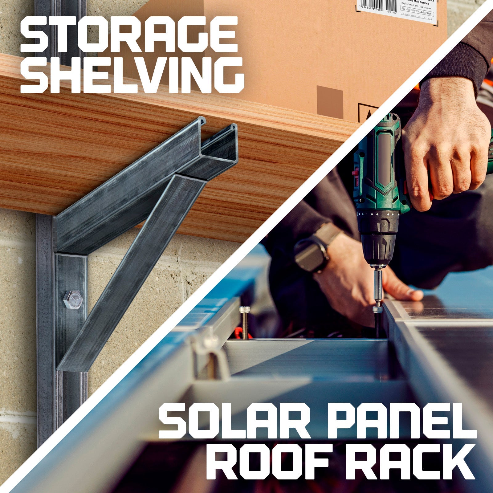 Strut channel applications for storage shelving and solar panel roof rack