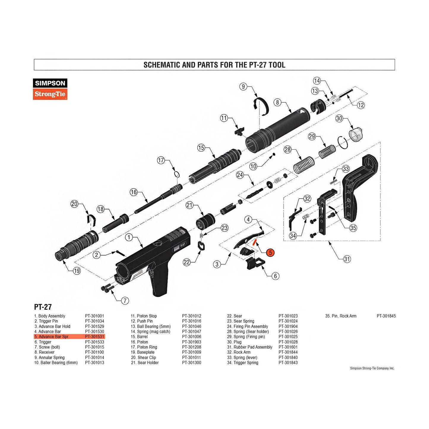 Simpson PT-301531 Advance Bar Spring for PT-27 Powder Actuated Nail Gun