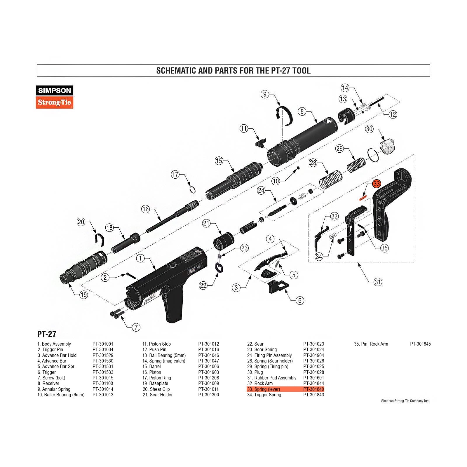 Simpson PT-301840 Lever Spring for PT-27 Powder Actuated Nail Gun