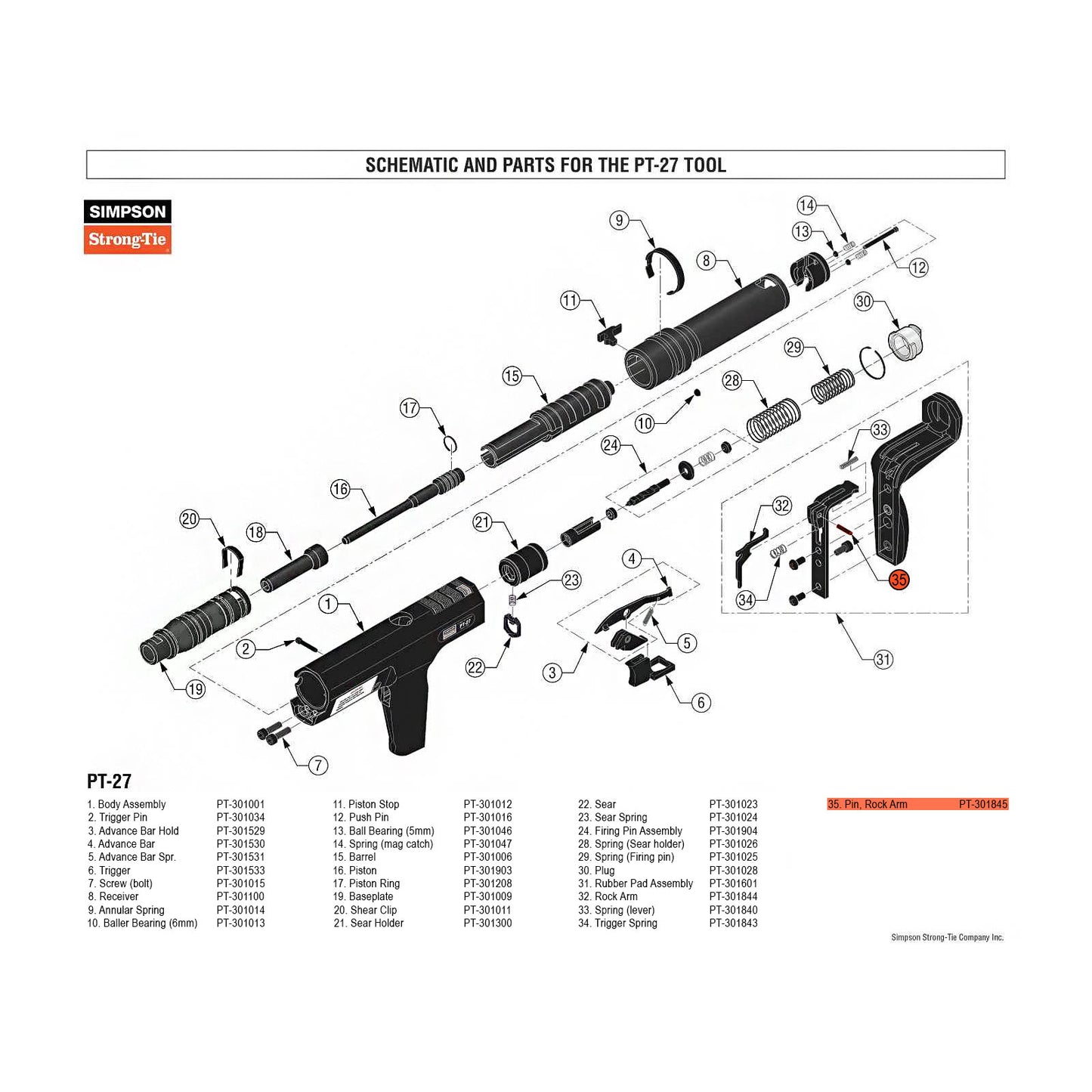 Simpson PT-301845 Rock Arm Pin for PT-27 Powder Actuated Nail Gun