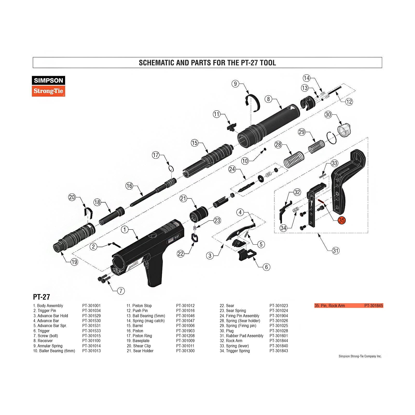 Simpson PT-301845 Rock Arm Pin for PT-27 Powder Actuated Nail Gun