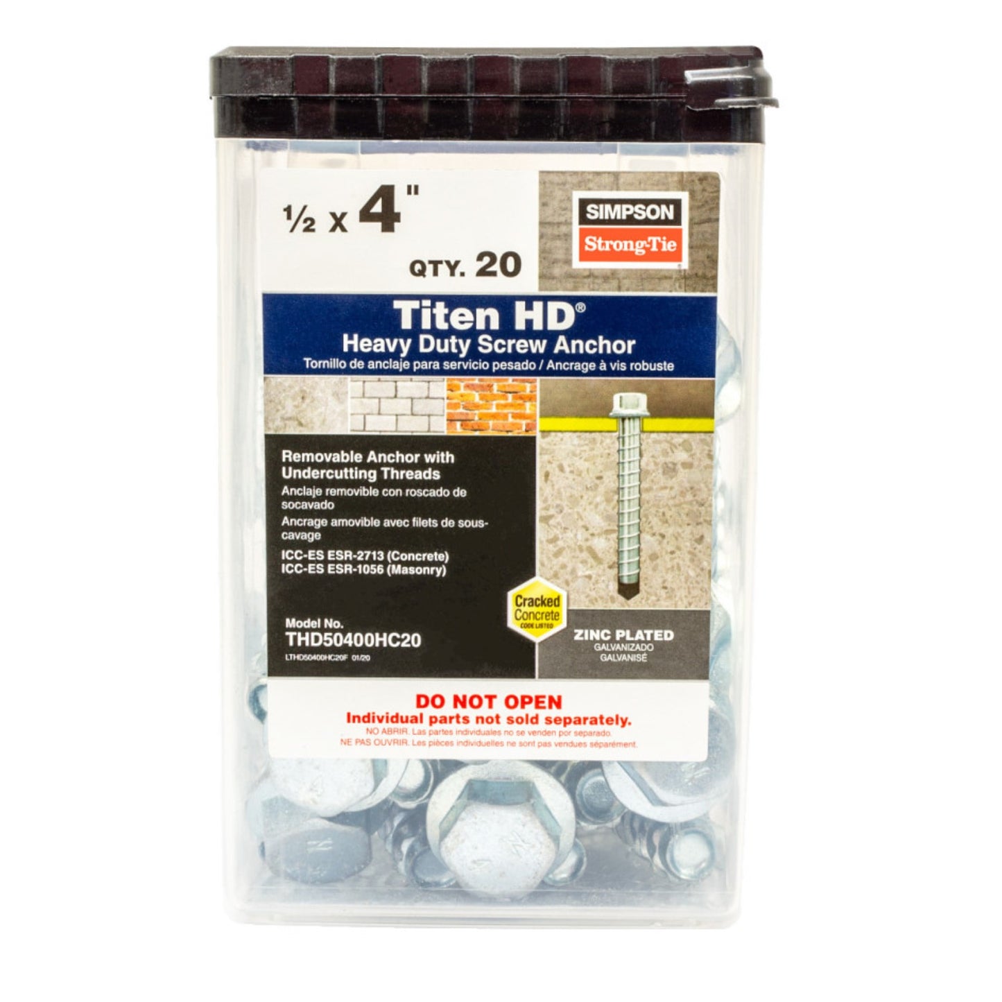 1/2" x 4" Strong-Tie THD50400HC20 Titen HD Screw Anchor, Zinc, Pkg 20