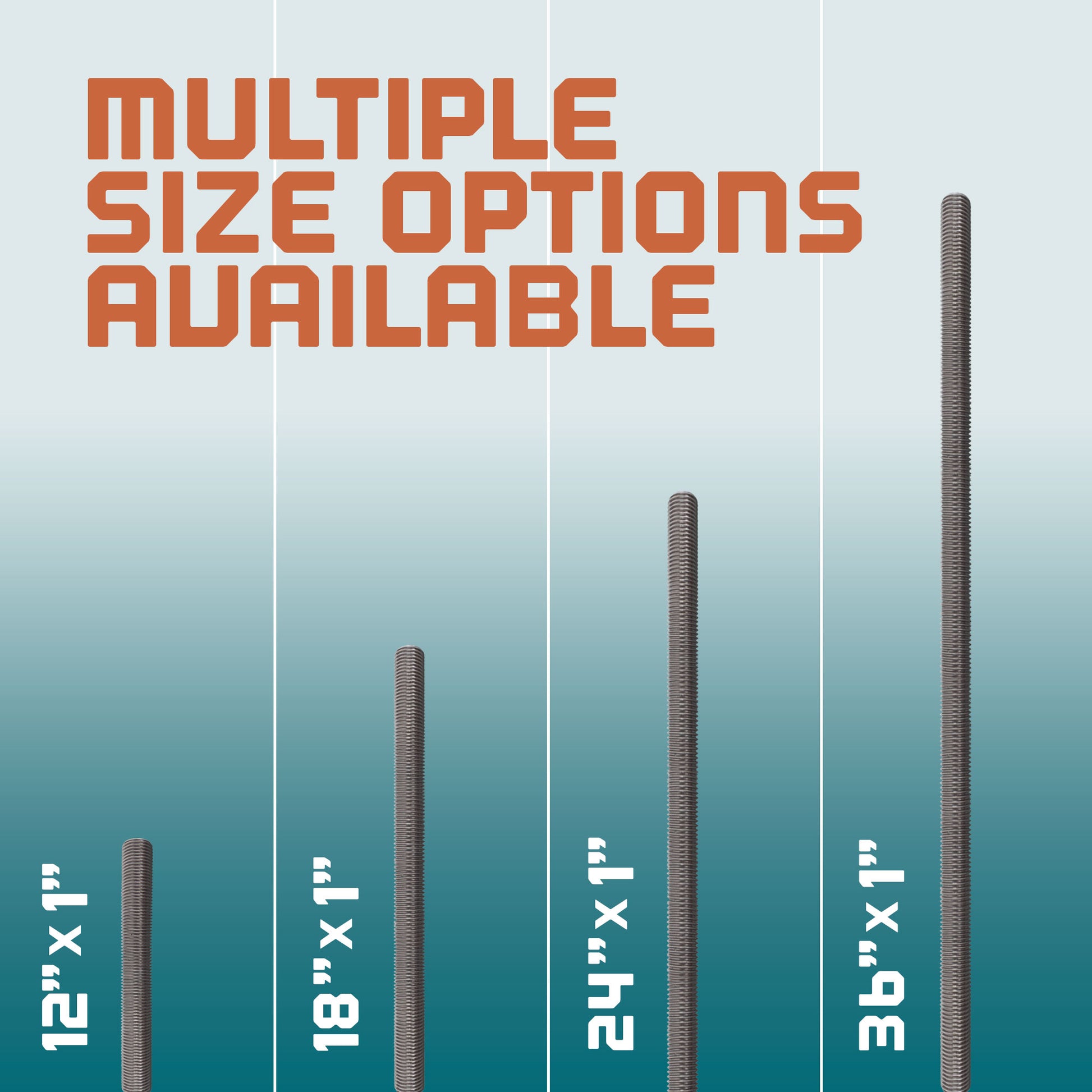 Multiple sizes of Stainless Steel Threaded Rod