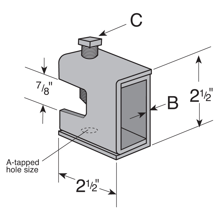 Flexstrut Beam Clamp With Tapped Hole Drawing With Dimensions