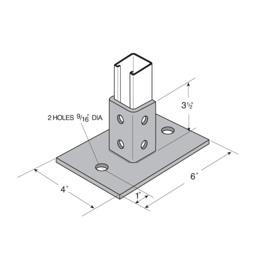 Flexstrut 2-Hole Single Channel Post Base Drawing With Dimensions