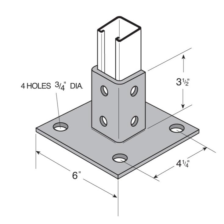 Flexstrut Square Single Channel Post Base Drawing With Dimensions