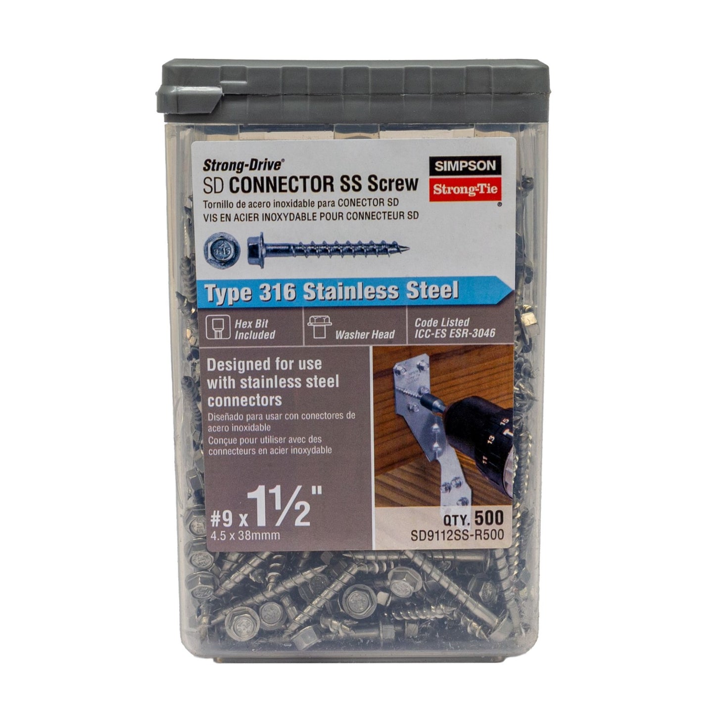 #9 x 1-1/2" Strong-Tie SD9112SS-R500 Connector Screw - 316 Stainless Steel, Pkg 500